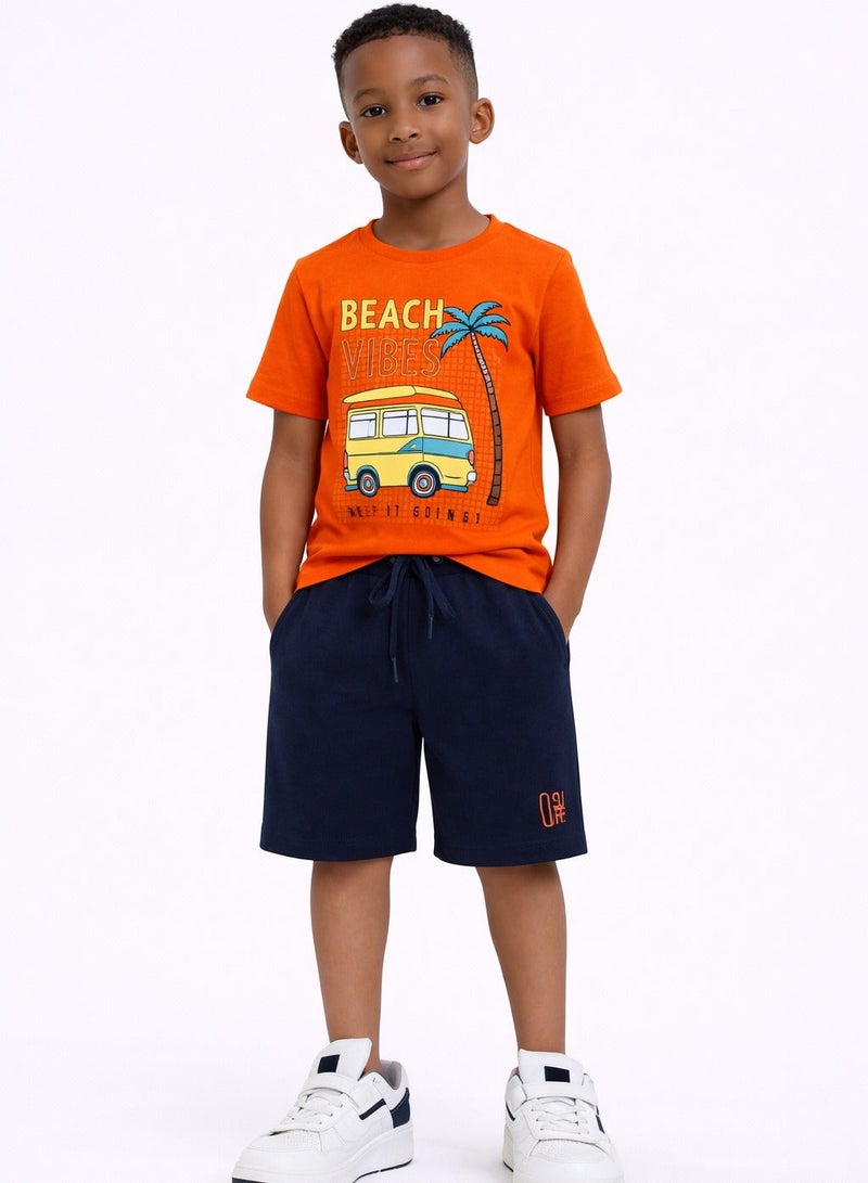 victor and jane Boys Beach Trip Printed T-Shirt & Blue Shorts Set - Image 1